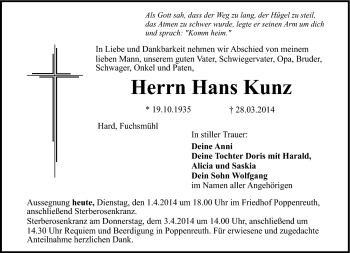 Traueranzeige von Hans Kunz von Frankenpost