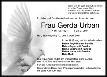 Traueranzeige von Gerda Urban von Frankenpost