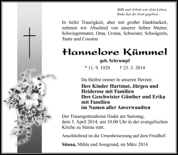 Traueranzeige von Hannelore Kümmel von Südthüringer Presse