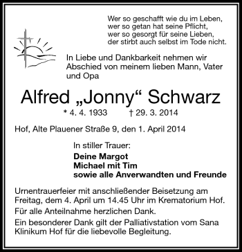 Traueranzeige von Alfred Schwarz von Frankenpost
