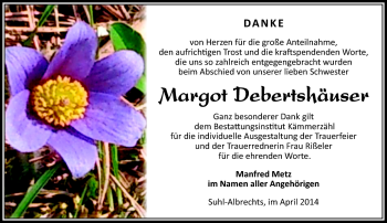 Traueranzeige von Margot Debertshäuser von Südthüringer Presse