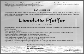 Traueranzeige von Lieselotte Pfeiffer von Südthüringer Presse