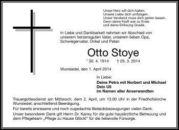 Traueranzeige von Otto Stoye von Frankenpost