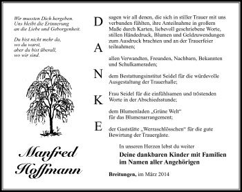 Traueranzeige von Manfred Hoffmann von Südthüringer Presse