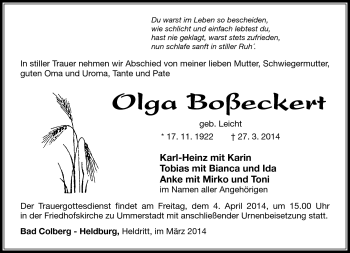 Traueranzeige von Olga Boßeckert von Südthüringer Presse