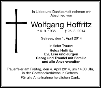 Traueranzeige von Wolfgang Hoffritz von Frankenpost