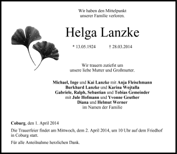 Traueranzeige von Helga Lanzke von Neue Presse Coburg
