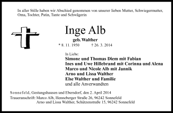Traueranzeige von Inge Alb von Neue Presse Coburg
