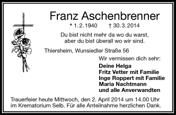 Traueranzeige von Franz Aschenbrenner von Frankenpost