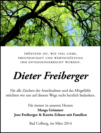 Traueranzeige von Dieter Freiberger von Südthüringer Presse