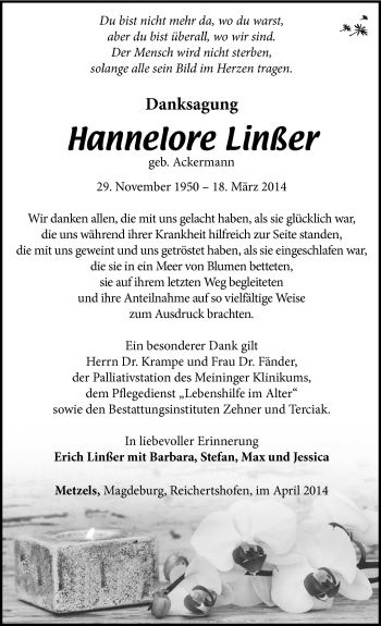 Traueranzeige von Hannelore Linßer von Südthüringer Presse