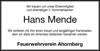 Traueranzeige von Hans Mende von Frankenpost