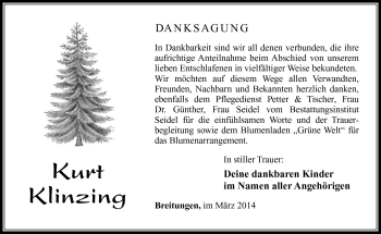 Traueranzeige von Kurt Klinzing von Südthüringer Presse
