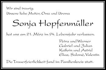 Traueranzeige von Sonja Hopfenmüller von Frankenpost