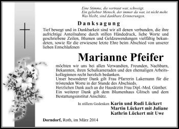 Traueranzeige von Marianne Pfeifer von Südthüringer Presse
