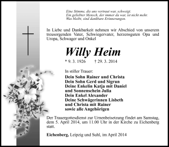 Traueranzeige von Willy Heim von Südthüringer Presse