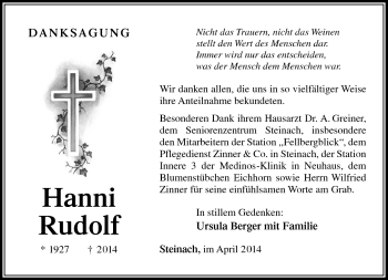 Traueranzeige von Hanni Rudolf von Südthüringer Presse