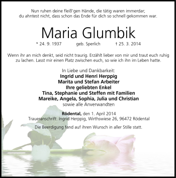 Traueranzeige von Maria Glumbik von Neue Presse Coburg