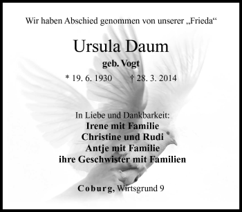 Traueranzeige von Ursula Daum von Neue Presse Coburg