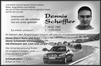 Traueranzeige von Dennis Scheffler von Südthüringer Presse