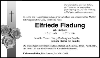 Traueranzeige von Elfriede Fladung von Südthüringer Presse
