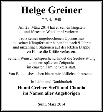 Traueranzeige von Helger Greiner von Südthüringer Presse