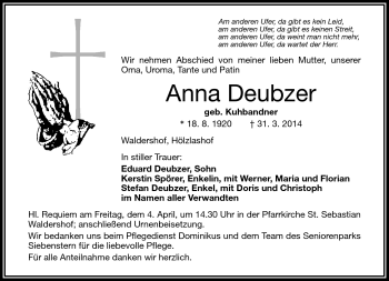 Traueranzeige von Anna Deubzer von Frankenpost