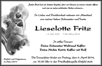 Traueranzeige von Lieselotte Fritz von Südthüringer Presse