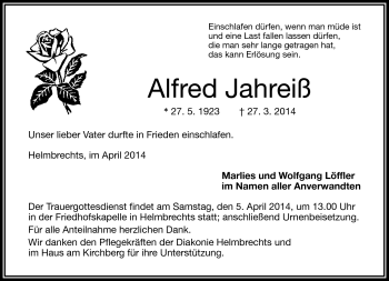 Traueranzeige von Alfred Jahreiß von Frankenpost