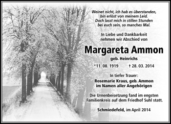 Traueranzeige von Margarete Ammon von Südthüringer Presse