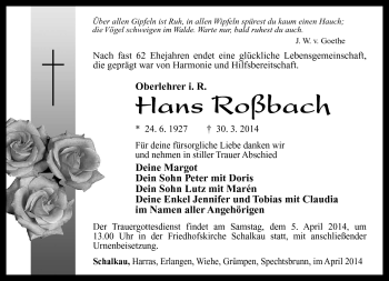 Traueranzeige von Hans Roßbach von Südthüringer Presse