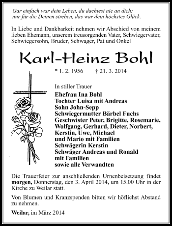 Traueranzeige von Karl-Heinz Bohl von Südthüringer Presse