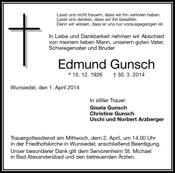 Traueranzeige von Edmund Gunsch von Frankenpost