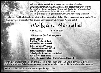 Traueranzeige von Wolfgang Nennstiel von Südthüringer Presse