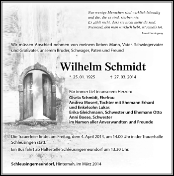 Traueranzeige von Wilhelm Schmidt von Südthüringer Presse