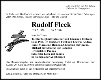 Traueranzeige von Rudolf Fleck von Südthüringer Presse