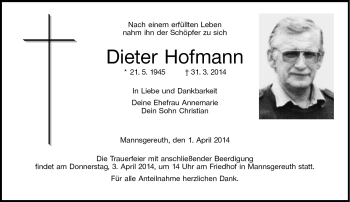 Traueranzeige von Dieter Hofmann von Neue Presse Coburg