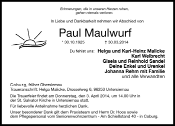 Traueranzeige von Paul Maulwurf von Neue Presse Coburg