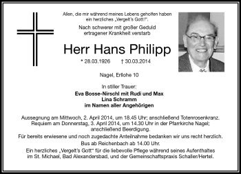 Traueranzeige von Hans Philipp von Frankenpost