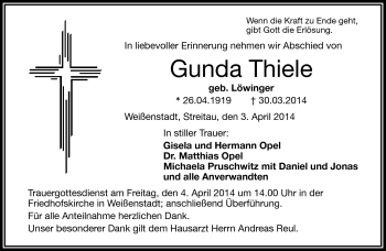 Traueranzeige von Gunda Thiele von Frankenpost