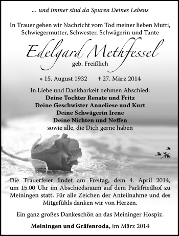 Traueranzeige von Edelgard Methfessel von Südthüringer Presse