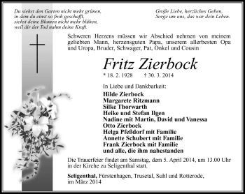 Traueranzeige von Fritz Zierbock von Südthüringer Presse