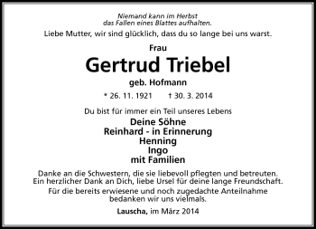 Traueranzeige von Gertrud Triebel von Südthüringer Presse