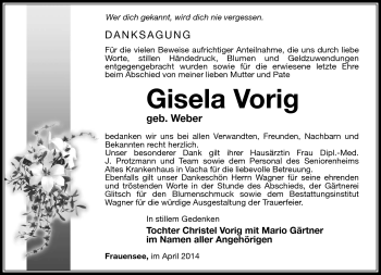 Traueranzeige von Gisela Vorig von Südthüringer Presse