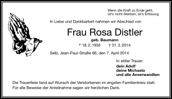 Traueranzeige von Rosa Distler von Frankenpost