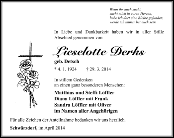 Traueranzeige von Lieselotte Derks von Südthüringer Presse