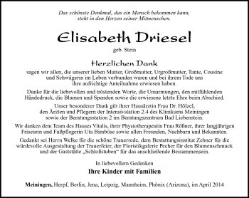 Traueranzeige von Elisabeth Driesel von Südthüringer Presse