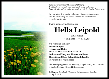 Traueranzeige von Hella Leipold von Südthüringer Presse