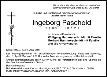 Traueranzeige von Ingeborg Paschold von Neue Presse Coburg
