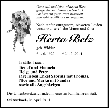 Traueranzeige von Herta Belz von Südthüringer Presse